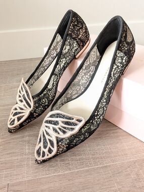 NWB Sophia Webster Black Lace Bibi Rose Gold Embroidery Butterfly Flats 37